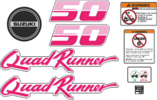 Komplett dekor i Rosa. Innehåller: 2st 50, 2st Quad Runner, 1st motordekal, 1st startknappsdekal samt 3st varningsdekaler. Laminerade dekaler.