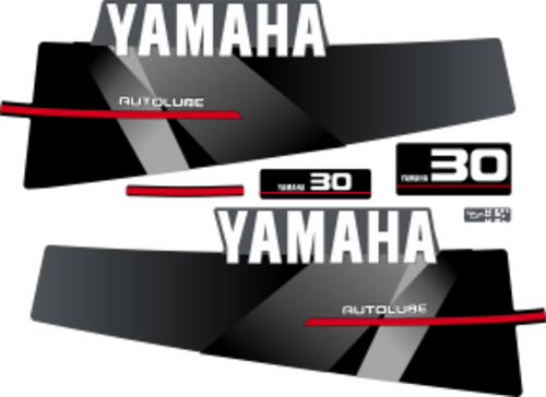 30hk 1994 Svart/rött/grått Komplett innehållande: 2st Dekaler för Yamaha 30hk och 1st bakre dekal med 30hk , en främre dekal yamaha, stripe samt oljedekal.