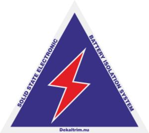 Blå/vit/röd Blå/vit/röd Upplysningsdekal för huvudströmbrytare enligt SBF reglemente.