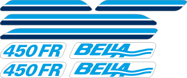 2st Stripe, längd 340 + 580mm. 2st Dekaler "Bella" 320x60 mm. 2st Dekaler "450 FR" 245x60 mm.