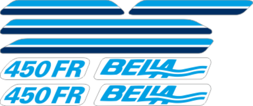2st Stripe, längd 340 + 580mm. 2st Dekaler "Bella" 320x60 mm. 2st Dekaler "450 FR" 245x60 mm.