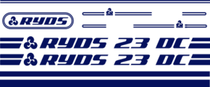 Ryds 23DC dekorsats innehåller 2st loggor som är 1400x105mm. logo till Akterspegel, Stripes till vattenlinje samt stripes till Däcket med runda ändar och symbol