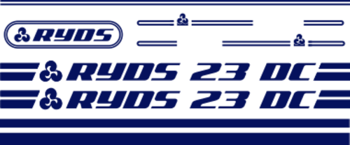 Ryds 23DC dekorsats innehåller 2st loggor som är 1400x105mm. logo till Akterspegel, Stripes till vattenlinje samt stripes till Däcket med runda ändar och symbol