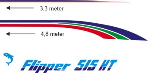Flipper 515 HT Vitt skrov Blå/grön/röd modell Blå/grön/röd modell Komplett innehållande: 2st flipper 515 HT texter 2-färg-2st. Stripes under relingslist 3-färg. Stripes till överbyggnaden 2-färg. 2 Delfiner.  ca 4,8meter lång.