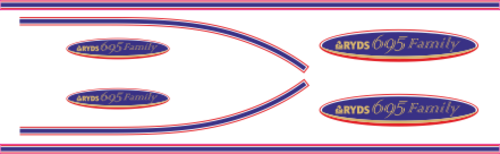 Ryds 695 Family levereras med 2st loggor 760x166mm, 2st 494x110mm och kompletta stripes 2st 2350x40mm + 2st svängda 1400x40mm 

Ryds 695 DC levereras med 2st loggor 760x166mm och kompletta stripes 2st 2350x40mm + 2st svängda 1400x40mm 