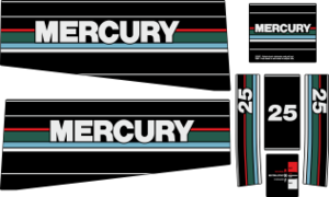 25hk Svart/rött/grönt/grått Svart/rött/grönt/grått Komplett innehållande: 7st Dekaler för Mercury 25hk övre och undre kåpa.