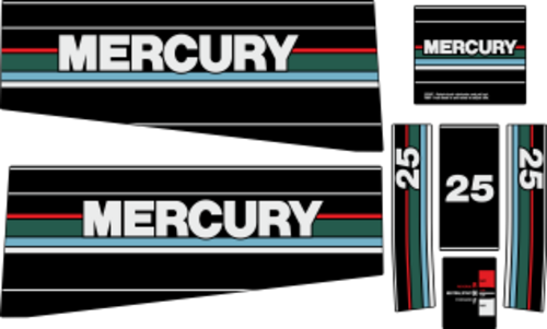 25hk Svart/rött/grönt/grått Svart/rött/grönt/grått Komplett innehållande: 7st Dekaler för Mercury 25hk övre och undre kåpa.