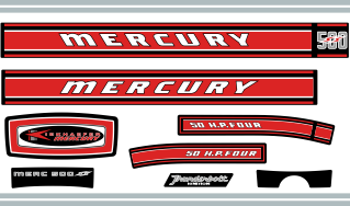 Mercury 500SS 50hk. Svart/Rött/Grått/Krom
Komplett innehållande: 12st Dekaler för Mercury 50hk övre och undre kåpa. Årsmodell runt  1968