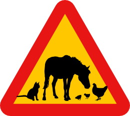 Varningsskylt Kör sakta, häst, katt, höns, kycklingar.