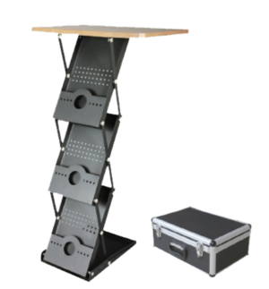 Ett smidigt, ihopfällbart bord och broschyrställ. Kan användas att ställa t ex en dator på och ha broschyrer under. 3 Fack i A4 format. Levereras med kraftig väska. Mått 1000 mm x 375 mm