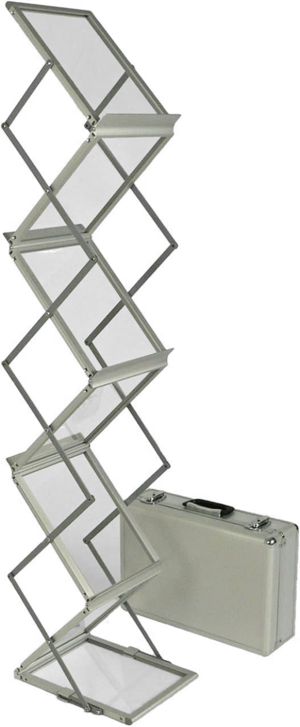 Stilrent och smidigt broschyrställ tillverkat i aluminium. Enkelt och snabbt att använda med plats för 6 st A4. Levereras komplett med stilren och stöttålig väska. Perfekt till event och mässor då det är portabelt