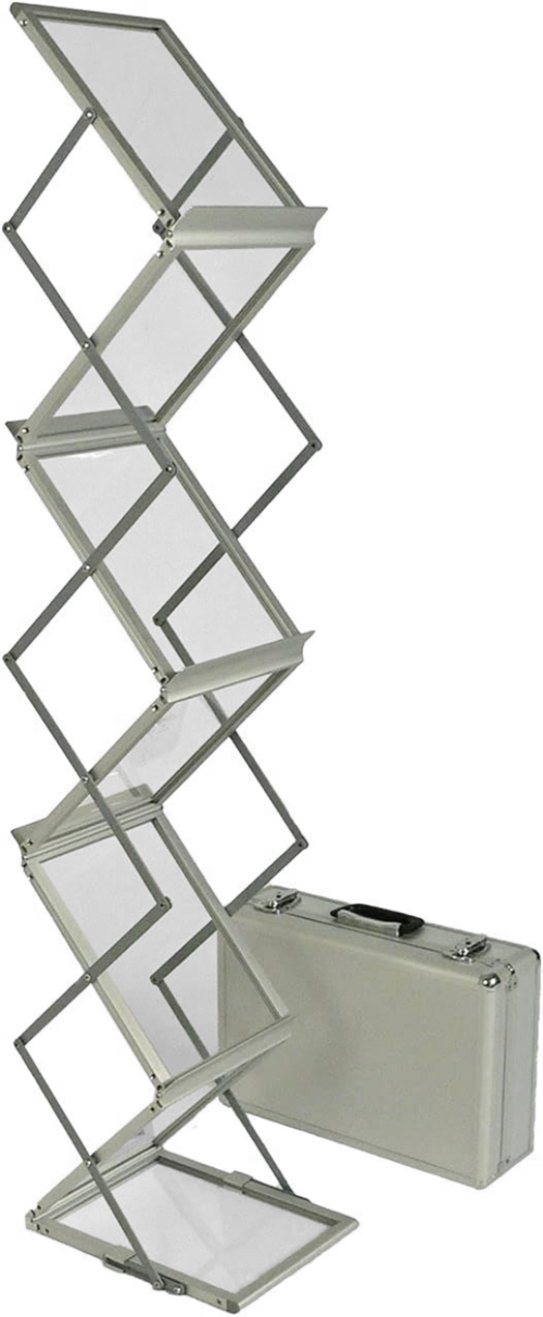 Stilrent och smidigt broschyrställ tillverkat i aluminium. Enkelt och snabbt att använda med plats för 6 st A4. Levereras komplett med stilren och stöttålig väska. Perfekt till event och mässor då det är portabelt