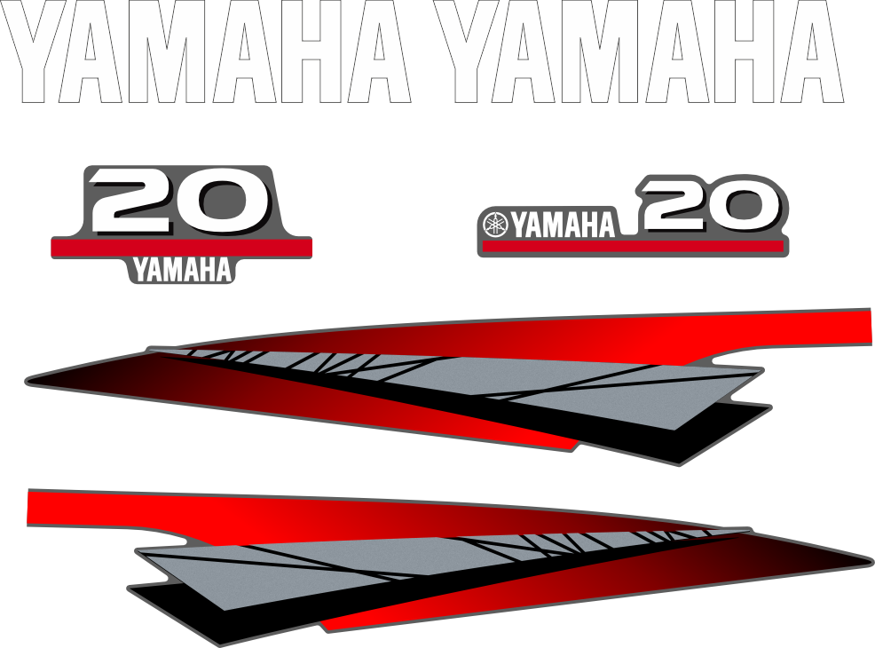 Dekalkit till Yamaha 20hk Svart/rött/grått/vitt Komplett innehållande: 2st YAMAHA dekaler, 2st sidodekaler och 1st bakre Yamaha 20hk dekal och 1st främre Yamaha 20 dekal