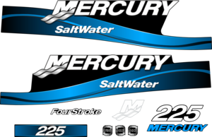 Komplett innehållande: 2st Sidodekor, 1st Mercury M, 1st Mercury 225, 1st FourStroke, 3st Rotation samt avslut för sidodekor för Mercury 225hk SaltWater.