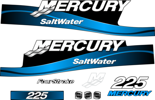 Komplett innehållande: 2st Sidodekor, 1st Mercury M, 1st Mercury 225, 1st FourStroke, 3st Rotation samt avslut för sidodekor för Mercury 225hk SaltWater.