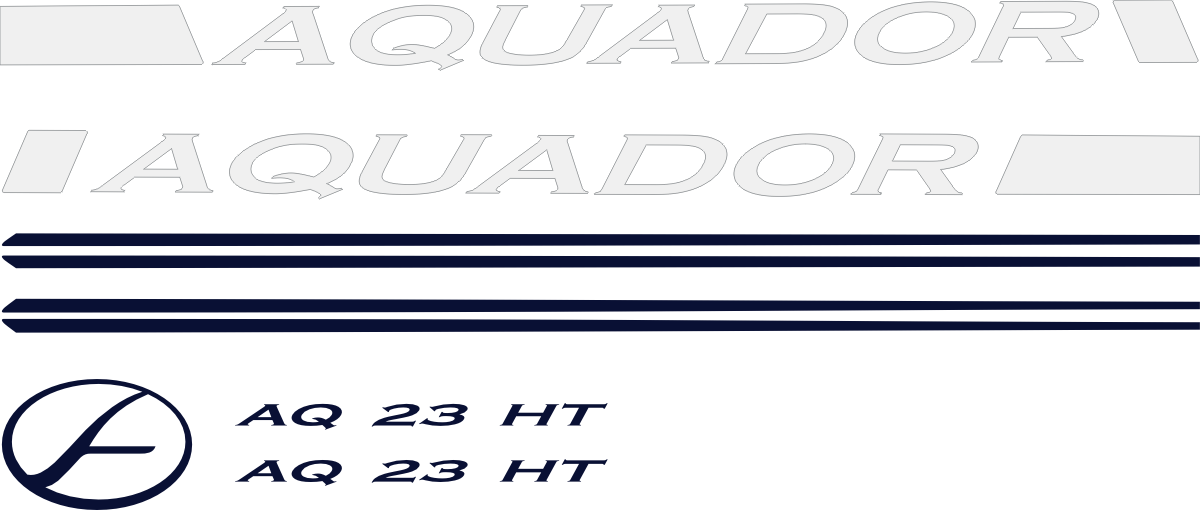 Innehåller: 2st Vit stripe Aquador 6.68m, 2st Blå Stripe reling, 2st Blå stripe tak, 2st AQ 23 HT och 1 st Blå aquador logo.