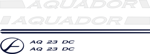 Innehåller: 2st Vit stripe Aquador 6.68m, 2st Blå Stripe reling, 2st AQ 23 DC och 1 st Blå aquador logo.