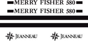 Datorskurna dekaler. Komplett innehållande: 2st dekaler med modellbeteckning 700x44mm, 2st Jeanneau logo, och 2 stripes 820x40mm och 2st Jeanneau logo 300x85mm.