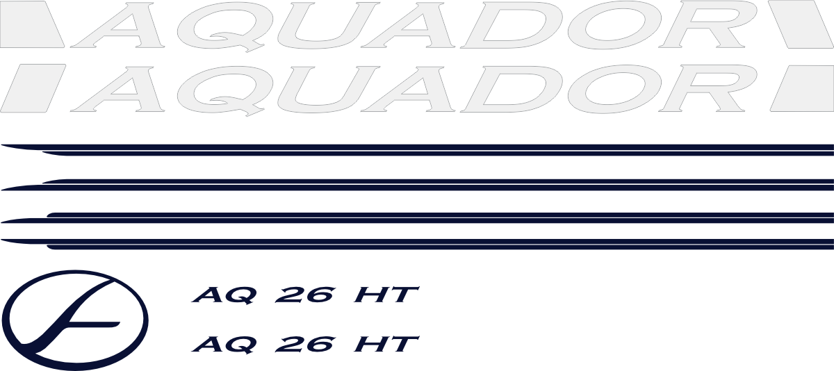 Innehåller: 2st Vit stripe Aquador 7.6m, 2st Blå Stripe reling, 2st Blå stripe tak, 2st AQ 26 HT och 1 st Blå aquador logo.