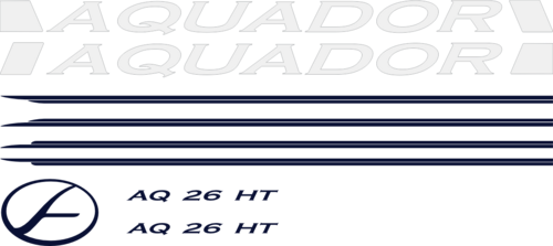 Innehåller: 2st Vit stripe Aquador 7.6m, 2st Blå Stripe reling, 2st Blå stripe tak, 2st AQ 26 HT och 1 st Blå aquador logo.