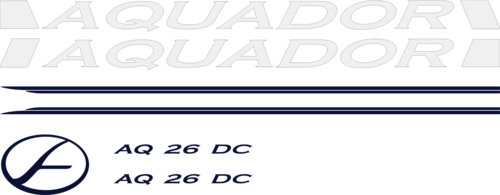 Innehåller: 2st Vit stripe Aquador 7.6m, 2st Blå Stripe reling, 2st AQ 26 HT och 1 st Blå aquador logo.