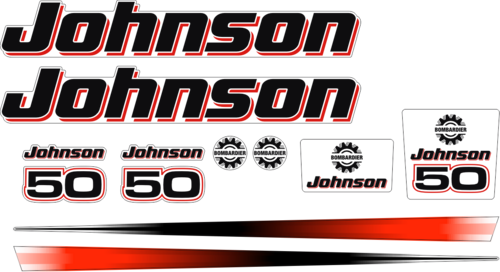 Komplett innehållande enligt bild. Dekaler för Johnson 50hk. Denna sats innehåller dekaler för två varianter. Det finns med vit platta eller lösa loggor fram bak. Denna sats innehåller för båda varianterna.