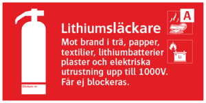 Skylt 200x100mm.

Mot brand i trä, papper, textilier, lithiumbatterier plaster  och  elektriska  utrustning upp till 1000V. Får ej blockeras. 