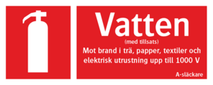 Skylt 250x100mm.

Mot brand i trä, papper, textiler och elektrisk utrustning upp till 1000 V A-släckare  