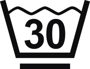 Datorskuren dekal. Tvättråd maxtemperatur 30 grader.

Tvättsymbol med ett streck under baljan betyder att materialet tål maskintvätt med ett kortare program, för exempelvis syntettvätt och en kort eller långsammare centrifugering.