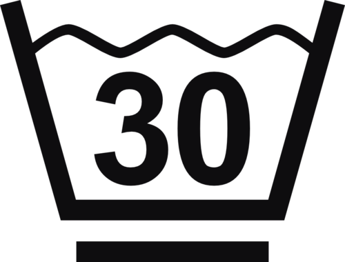 Datorskuren dekal. Tvättråd maxtemperatur 30 grader.

Tvättsymbol med ett streck under baljan betyder att materialet tål maskintvätt med ett kortare program, för exempelvis syntettvätt och en kort eller långsammare centrifugering.