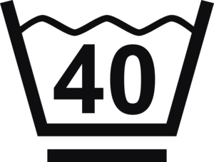 Datorskuren dekal. Tvättråd maxtemperatur 40 grader. Tvättsymbol med ett streck under baljan betyder att materialet tål maskintvätt med ett kortare program, för exempelvis syntettvätt och en kort eller långsammare centrifugering.