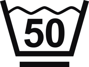 Datorskuren dekal. Tvättråd maxtemperatur 50 grader. Tvättsymbol med ett streck under baljan betyder att materialet tål maskintvätt med ett kortare program, för exempelvis syntettvätt och en kort eller långsammare centrifugering.