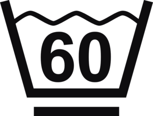 Datorskuren dekal. Tvättråd maxtemperatur 60 grader. Tvättsymbol med ett streck under baljan betyder att materialet tål maskintvätt med ett kortare program, för exempelvis syntettvätt och en kort eller långsammare centrifugering.