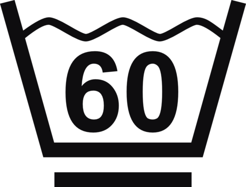 Datorskuren dekal. Tvättråd maxtemperatur 60 grader. Tvättsymbol med ett streck under baljan betyder att materialet tål maskintvätt med ett kortare program, för exempelvis syntettvätt och en kort eller långsammare centrifugering.