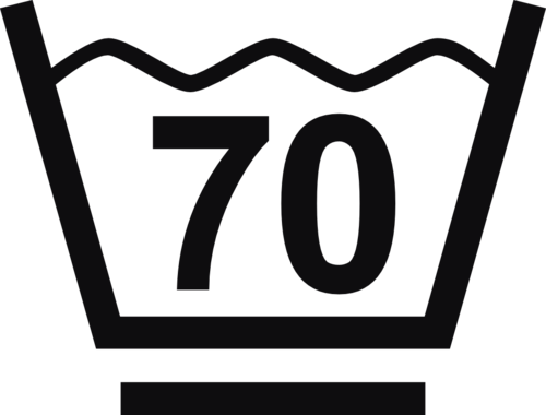 Datorskuren dekal. Tvättråd maxtemperatur 70 grader. Tvättsymbol med ett streck under baljan betyder att materialet tål maskintvätt med ett kortare program, för exempelvis syntettvätt och en kort eller långsammare centrifugering.