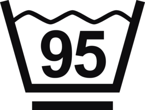 Datorskuren dekal. Tvättråd maxtemperatur 95 grader. Tvättsymbol med ett streck under baljan betyder att materialet tål maskintvätt med ett kortare program, för exempelvis syntettvätt och en kort eller långsammare centrifugering.