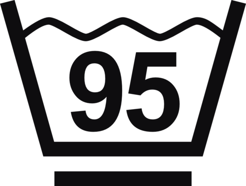 Datorskuren dekal. Tvättråd maxtemperatur 95 grader. Tvättsymbol med ett streck under baljan betyder att materialet tål maskintvätt med ett kortare program, för exempelvis syntettvätt och en kort eller långsammare centrifugering.