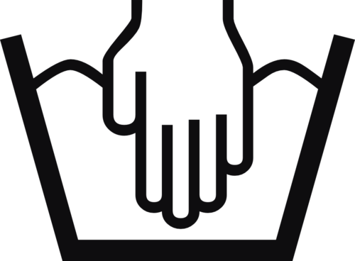 Datorskuren dekal. Tvättråd. Symbolen betyder att plagget endast får handtvättas.