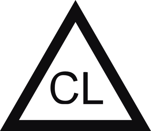 Datorskuren dekal. Tvättråd. Symbolen betyder att ditt plagg endast får blekas med klorin.