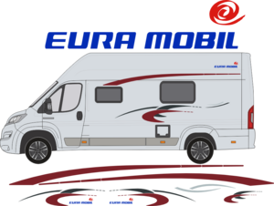 Komplett reproduktion av dekaler till "Eura mobil Profila". Total storlek sidor ca 2.6m.