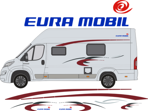 Komplett reproduktion av dekaler till "Eura mobil Profila". Total storlek sidor ca 2.6m.