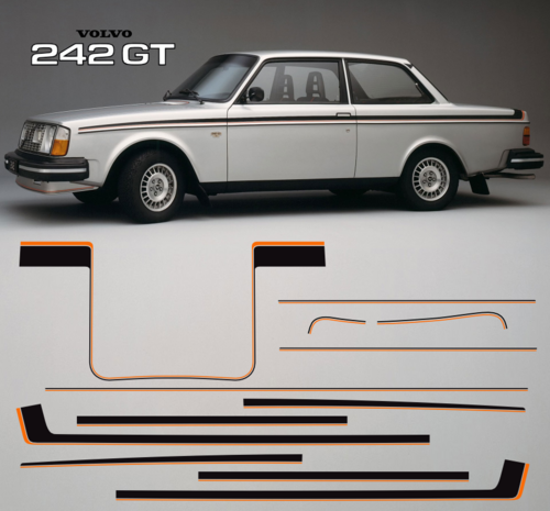 Dekorsats Volvo 242 GT Komplett reproduktion.Innehåller stripes till båda sidor, motorhuv, baklucka och frontspoiler.
