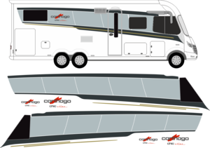 Komplett reproduktion av dekaler till "Carthago Chic E-line". Total storlek sidor ca 7.4m.