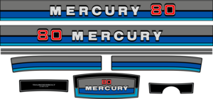 mercury 80hk. Svart/Blått/Grått/Vitt/Krom Komplett innehållande: 9st Dekaler för Mercury 80hk övre och undre kåpa. Årsmodell runt  1982