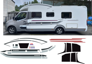 Total längd ca 5m. 4-färg (Silver Metallic, Antracitmetallic, Bordeaux,  Vit blank ). OBS! Det finns flera varianter av denna dekor trots att de vid första anblick ser likadana ut. Men placering av både fönster, dörrar och luckor skiljer från olika bilar. Kolla upp/och eller skicka in bild på din bil innan du beställer detta!
