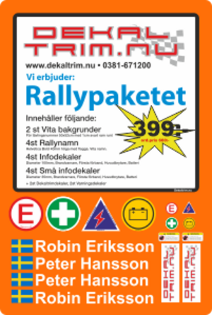 Komplett paket innhåller 2st vita bakgrund 50x52cm med 1cm svart kant. 4st rallynamn, 4st stora infodekaler 100mm, 2st små infodekaler.
Totalt 14 dekaler. Skriv in förare + kartläsare med kommatecken emellan.